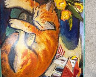Sleeping Orange Tabby Cat with Sunflowers Painting by Suzanne Valadon Style
