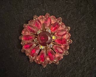 Vintage Ruby Red and Aurora Borealis Rhinestone Floral Brooch