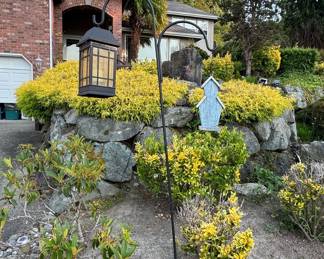 Double Shepherd's Hook Garden Stake with Lantern and Birdhouse