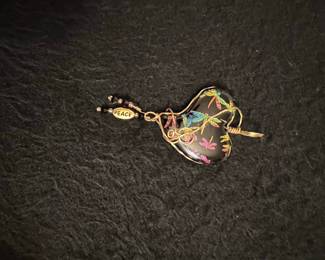 Vintage Cloisonné Heart Pendant with Dragonfly Motif