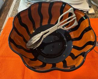 Halloween Ceramic Serving Bowl with Skeleton Hand Tongs - "Cobwebs & Cauldrons" Style