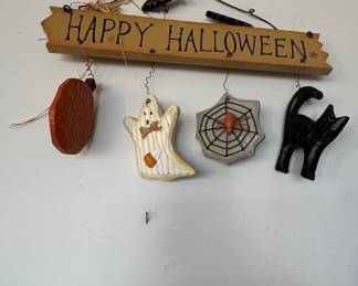 Halloween Hanging Wall Plaque with Pumpkin, Ghost, Spiderweb, and Black Cat