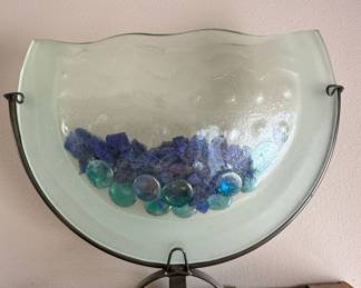 Crescent Moon Art Glass Bowl on Scrolled Iron Stand with Blue and Green Glass Gems