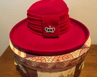 Vintage Red Wool Felt Cloche Hat with Crown Brooch