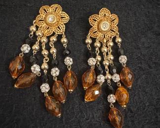 Vintage Amber and Black Crystal Chandelier Earrings with Gold-Tone Filigree