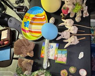 Assorted Easter and Spring Seasonal Decor Lot with Ceramic Dishes and Plush Rabbits