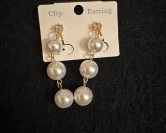 Triple Faux Pearl Drop Clip-On Earrings with Crystal Accent
