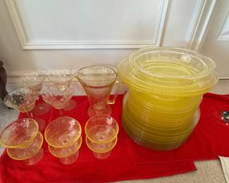 Vintage Yellow Hazel Atlas Florentine Poppy #2 Pitcher and Sherbet Set