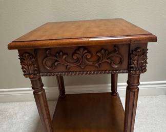 Vintage Carved Walnut End Table with Drawer
