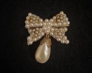 Vintage Faux Pearl Bow Brooch with Teardrop Pendant and Filigree Bail