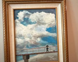 Original Oil Painting of a Figure on a Pier, Dated 2001