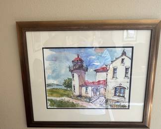 Watercolor Painting of Lighthouse with Red Roof, Signed O'Sullivan