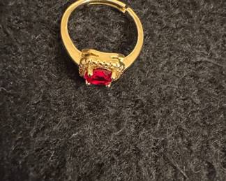 Adjustable Gold-Plated Fashion Ring with Cushion-Cut Red Stone