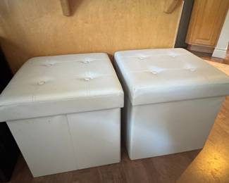 Set of Two White Faux Leather Tufted Storage Ottomans