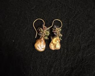 Gold Filled Baroque Pearl and Multi-Gemstone Cluster Dangle Earrings