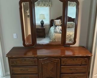 Thomasville French Provincial Burlwood Triple Dresser with Trifold Mirror