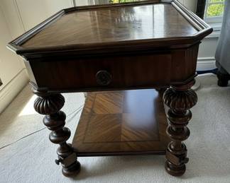 Antique English Walnut Side Table with Drawer and Turned Legs