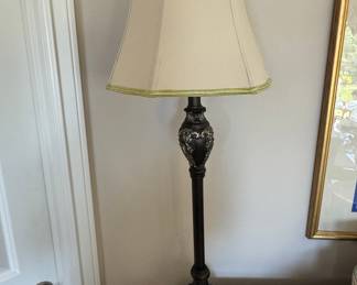 Vintage Ornate Metal Table Lamp with Scrollwork and Green Trimmed Shade