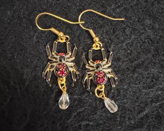 Gothic Spider Dangle Earrings with Red Crystal Accents