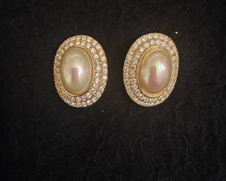 Vintage Christian Dior Oval Faux Pearl and Rhinestone Clip-On Earrings
