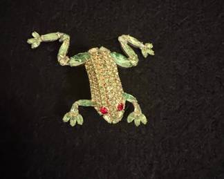 Vintage Rhinestone Frog Brooch with Red Eyes