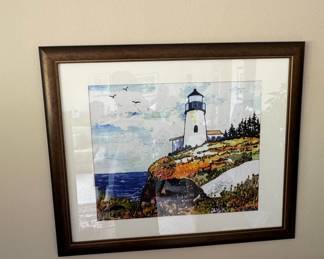 Watercolor Lighthouse Seascape Signed LEO