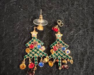 Vintage Multi-Colored Rhinestone Christmas Tree Dangle Earrings