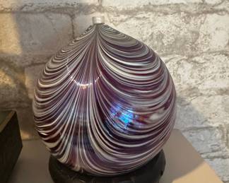 Hand-Blown Art Glass Sphere Oil Lamp with Purple and White Swirls
