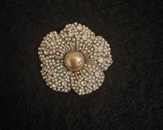 Vintage Faux Pearl and Rhinestone Floral Brooch