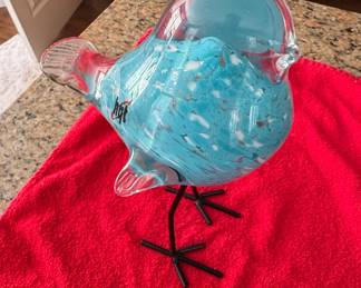 Hot Glass Alley Hand-Blown Art Glass Bird Sculpture with Speckled Blue Body