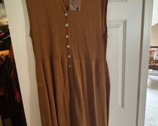Brown Ribbed Knit Button-Down Midi Dress