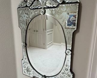 Mid-Century Italian Venetian Etched Shield Mirror with Crest
