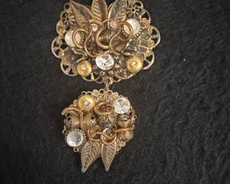 Vintage Gold-Tone Filigree Brooch with Rhinestones and Faux Pearls
