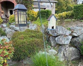 Double Shepherd's Hook Garden Stake with Lantern and Birdhouse