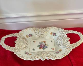 Vintage JLMENAU GRAF VON HENNEBERG PORZELLAN Germany Hand-Painted Floral Serving Dish with Gold Gilt