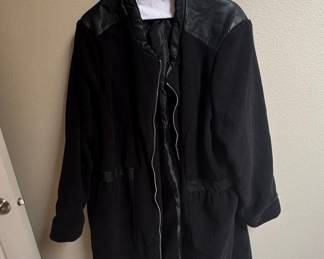 Women's Black Wool Blend Coat with Faux Leather Accents