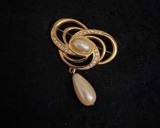 Vintage Monet Gold-Tone Swirl Brooch with Faux Pearl Drop