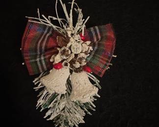 Vintage Flocked Christmas Bell Ornament with Plaid Bow