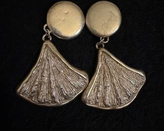 Vintage Silver-Tone Textured Fan Dangle Earrings