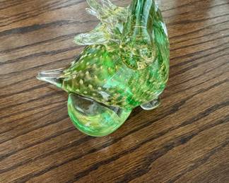 Vintage Murano Green Glass Bird Figurine with Gold Aventurine and Controlled Bubbles