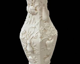 Vintage Embossed Fruit and Floral Hexagonal Ceramic Vase - Parian Ware Style