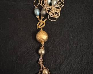 Hammered Gold-Tone Bead and Multi-Colored Pearl Tassel Necklace