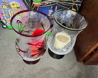 Pair of Hand-Painted Crackle Glass Hurricane Candle Holders with Contrasting Rims