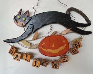 Vintage Folk Art Halloween Black Cat & Pumpkin Wall Hanging with Tile Letters