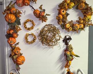 Assorted Artificial Autumn Harvest Decor Collection - Garland, Wreath, Orb, Candle Rings, and Swag