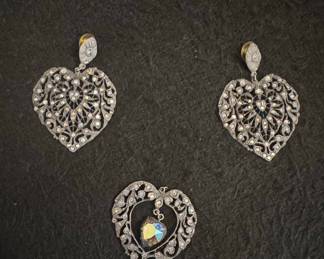 Vintage 1928 Jewelry Filigree Heart Rhinestone Jewelry Set