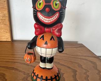 Vintage-Style Halloween Black Cat with Pumpkin Bucket Figurine