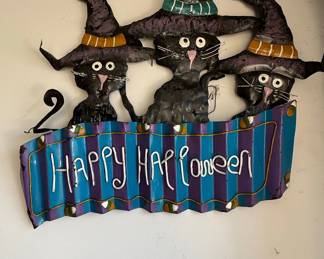 Three Black Cats in Witch Hats Halloween Metal Wall Decor