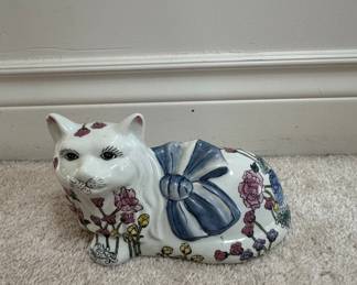 Vintage WBI Porcelain Hand-Painted Floral Cat Figurine with Blue Bow