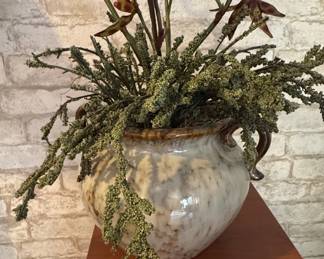 Vintage Two-Handled Ceramic Drip Glaze Planter with Artificial Floral Arrangement